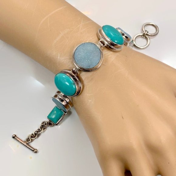Turquoise Bracelet, Druzy,Sterling Silver, Drusy, Vintage Bracelet, Multi Stone - Picture 2 of 6